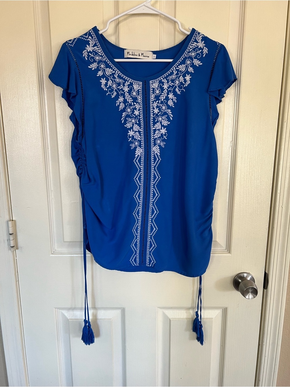 Madeline & Monroe Cobalt Blue Embroidered Boho Blouse Tassel Top